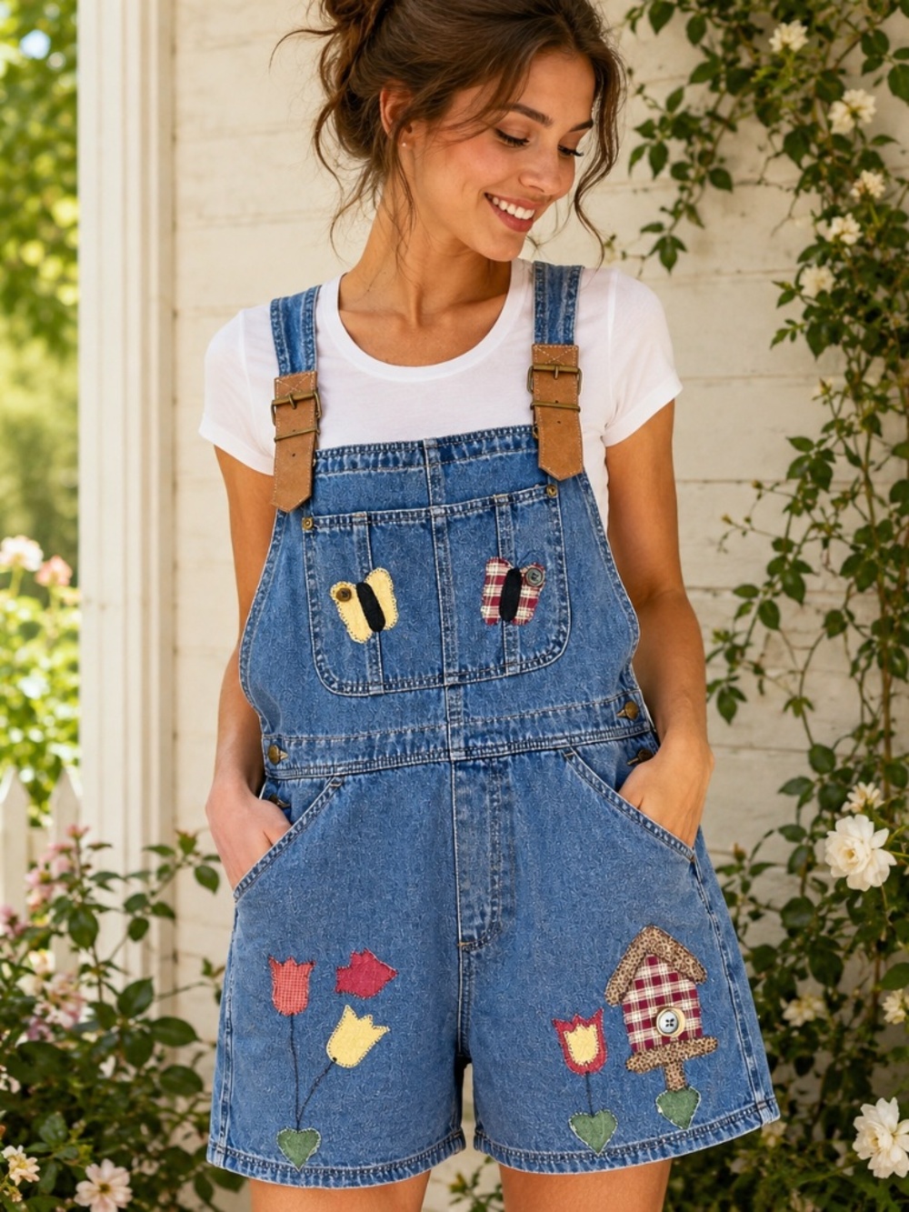 Vintage 90s Haik’s Denim Overall Shorts M Folk Art Cottagecore Applique